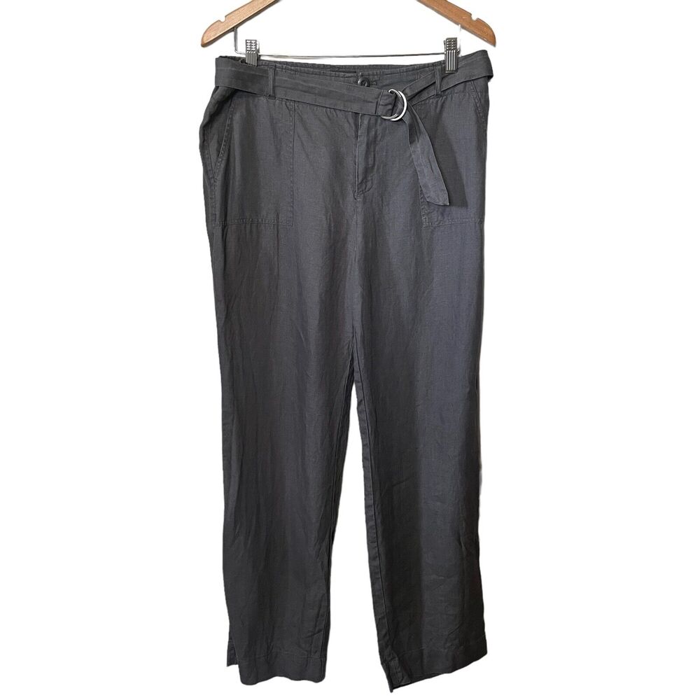 TAHARI Pants Linen Belted Gray Hi Waisted Flare Leg Spring Beachy Coastal 12